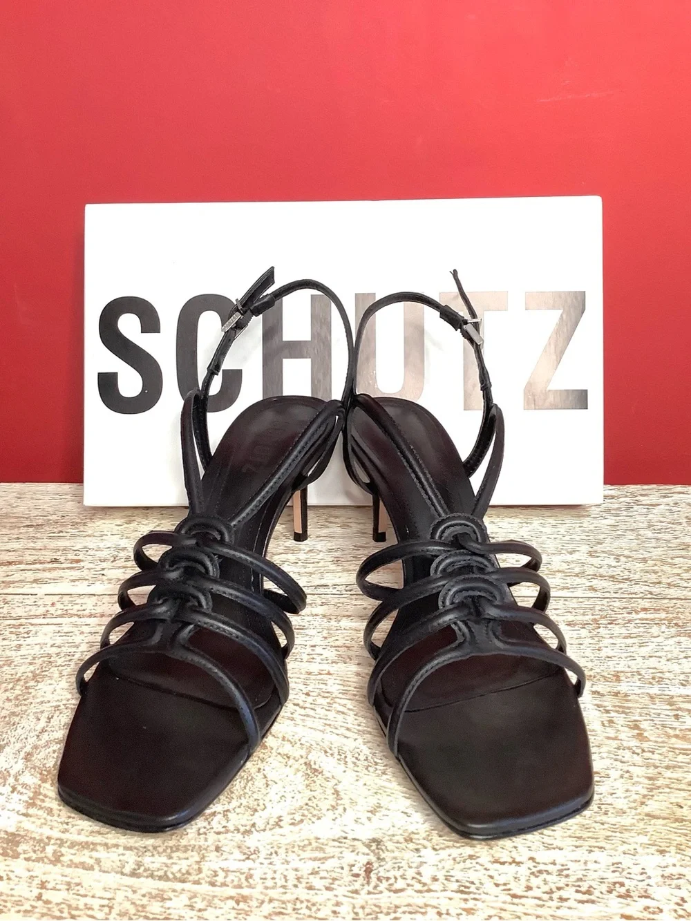 SCHUTZ Octavia Black Leather Knotted Strappy 3” Stiletto Sandals